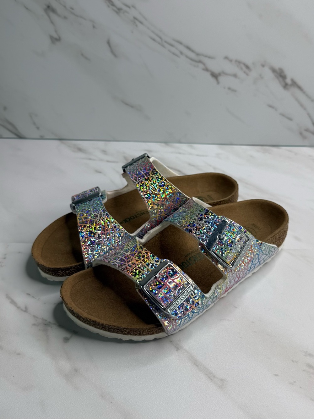 Birkenstock Kids Arizona Micro Fibre Flashy Hologram Silver Two-Strap Sandals